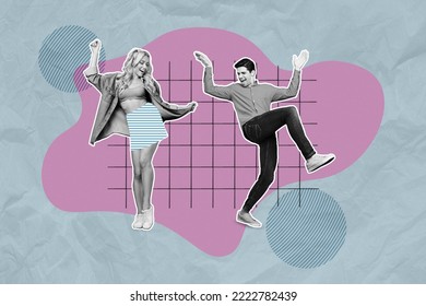 Composite collage illustration of two excited overjoyed people black white colors dancing partying isolated on drawing background - Powered by Shutterstock