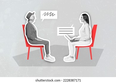 Composite collage illustration two people black white effect sitting chair use netbook speak communicate isolated grey drawing background