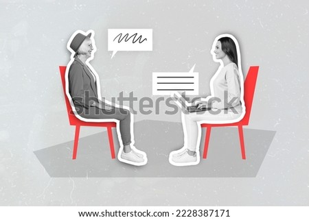 Composite collage illustration of two people black white effect sitting chair use netbook speak communicate isolated on grey drawing background