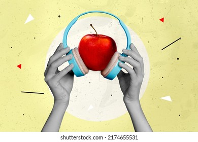 Composite collage image of arms black white effect hold wireless headphones apple listen music isolated on drawing creative background
