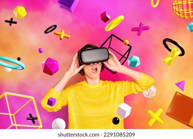 Composite collage image of astonished girl experience vr glasses interact metaverse colorful flying elements isolated on painted background - Powered by Shutterstock