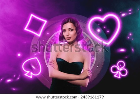Composite collage image of attractive rich confident lady dealer play casino gambling roulette neon ligh shapes
