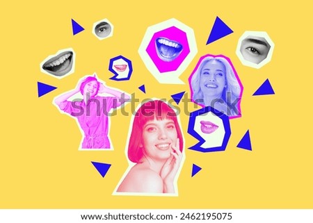 Composite collage image of beautiful female friends talk speech bubble conversation fantasy billboard comics zine minimal
