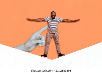 Composite Collage Image Of Big Human Arm Black White Gamma Point Finger Touch Excited Little Guy Isolated On Painted Background