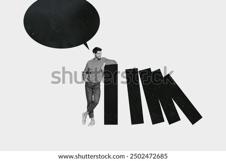 Composite collage image of black white male look domino effect geometric figures speech bubble unusual fantasy billboard comics zine