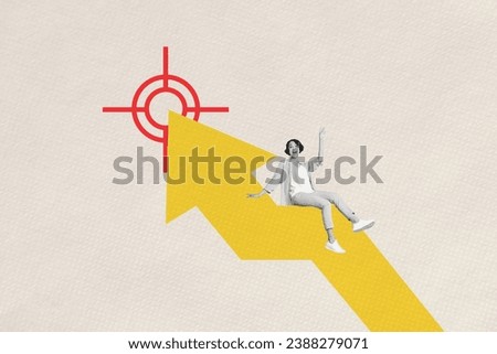 Composite collage image businesswoman put correct trajectory arrow into target aim figurative ad of market isolated on beige background