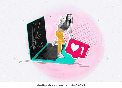 Composite collage image of cheerful black white effect mini girl stand netbook hold like notification demonstrate v-sign
