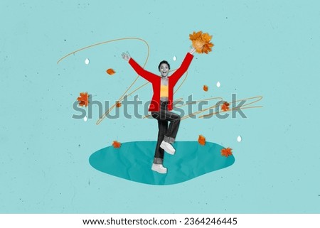 Composite collage image of cheerful black white effect girl hand hold fallen maple leaves isolated on blue background