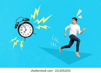 Composite collage image of confused guy running away big classic alarm bell clock isolated on blue background