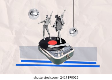 Composite collage image of dancing two friends discoball vinyl record have fun weird freak bizarre unusual fantasy