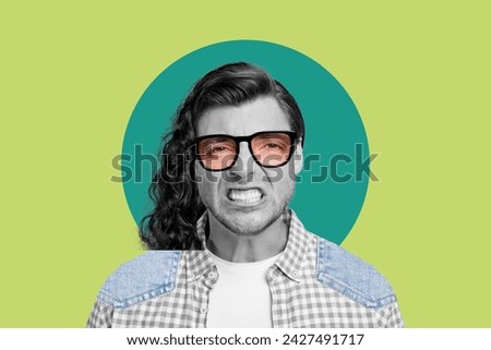 Composite collage image of different face parts irritated man spoilt hair bad hairstyle grin eyewear weird freak bizarre unusual fantasy