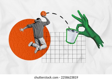 Composite collage image energetic sportive young man hoodie jumping playing basketball dunk bucket hand hold sportsman training summer