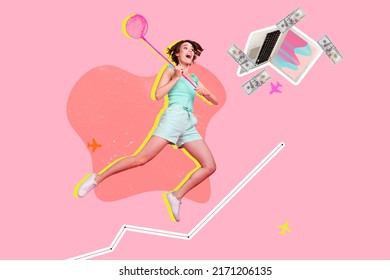 Composite collage image of excited person air fly hold fishnet catch money laptop internet isolated on drawing pink background
