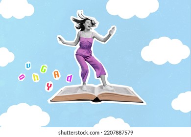 Composite collage image of excited young girl student flying sky clouds levitating book interesting novel bookworm imaginary world fantasy