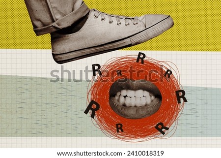 Composite collage image of foot gumshoes walking step mouth roar growl bullying angry billboard comics zine minimal concept