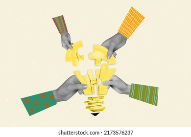Composite collage image of four people arms fingers black white effect hold lightbulb puzzle pieces - Shutterstock ID 2173576237