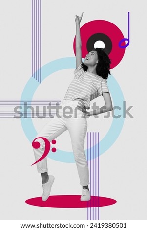 Composite collage image of funky dancing girl enjoy music have fun note sound audio fantasy billboard comics zine minimal