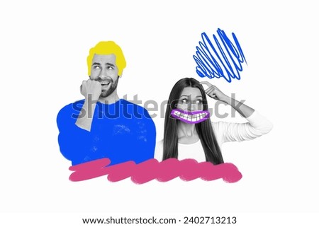 Composite collage image of funny couple drawing doodle sketch mouth hair quarrel nervous freak bizarre unusual fantasy billboard