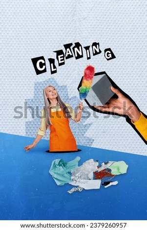 Composite collage image of funny elderly female washing cleaning hand hold cube service maid clear tidy up trash magazine sketch advert
