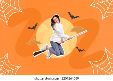 Composite Collage Image Of Funny Funky Happy Young Woman Riding Flying Wooden Broomstick Witch Sabbath Spider Web Bats Moon Night