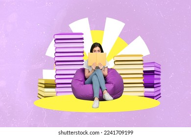 Composite collage image girl sitting beanbag read book cover face isolated creative painted background