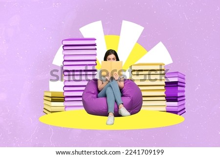 Composite collage image of girl sitting beanbag read book cover face isolated on creative painted background