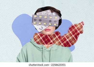 Composite collage image of girl warm scarf neck pills drugs cover face isolated on creative background