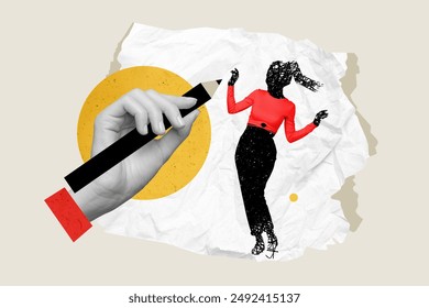 Composite collage image of hand hold pencil have fun drawing writing character unusual fantasy billboard comics zine