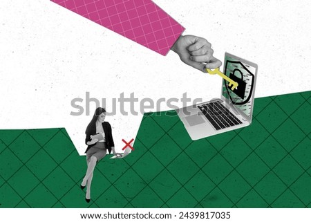 Composite collage image of hand hold key laptop secure login password privacy sign in safety computer fantasy billboard comics zine minimal