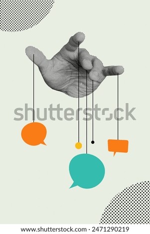 Composite collage image of hand hold springs speech bubble talking conversation manipulation billboard comics zine minimal
