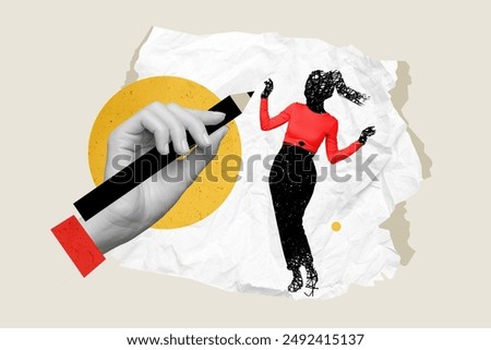 Composite collage image of hand hold pencil have fun drawing writing character unusual fantasy billboard comics zine