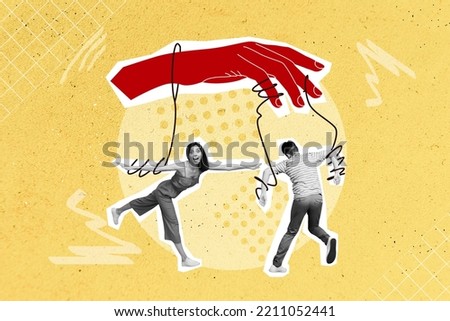 Composite collage image of hand manipulate control strings threads puppets guy girl dancing workers magazine retro surrealism template
