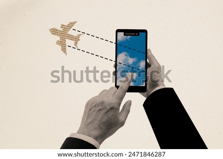 Composite collage image of hands hold telephone online booking flight plane travelling agent billboard comics zine minimal