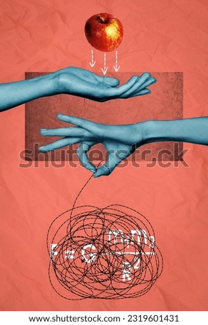 Composite collage image of hands holding apple tangled string smart scientists discover physics force formula research .experiment