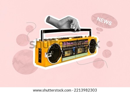 Composite collage image of human arm black white gamma hold vintage radio boom box isolated on painted background