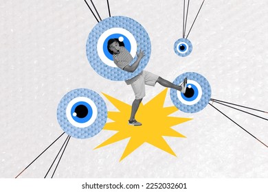 Composite collage image impressed black white colors guy walking huge eye balls spying watching isolated drawing background