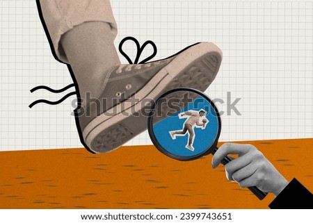 Composite collage image of leg wear gumshoes walking step boyfriend friend zone reject magnifier loupe comics zine minimal concept