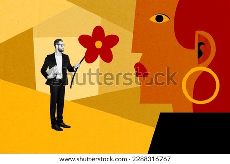 Composite collage image of mini black white effect guy hold book give flower huge woman head isolated on creative background