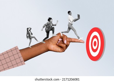 Composite collage image of people black white colors running huge hand finger indicate target