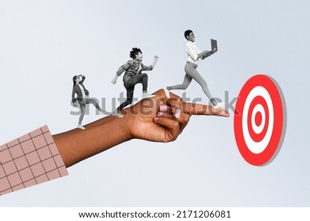Composite collage image of people black white colors running huge hand finger indicate target