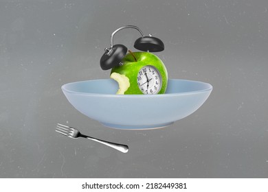 Composite collage image of plate face clock watch inside green bite apple fork isolated on gray background - Powered by Shutterstock