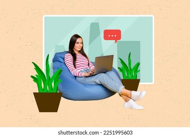 Composite collage image of pretty nice girl sitting beanbag use netbook chatting texting isolated on drawing home interior background - Powered by Shutterstock