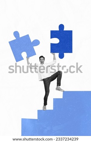 Composite collage image of puzzle solve task problem hold pieces excited happy young man walk upstairs successful strategy matches