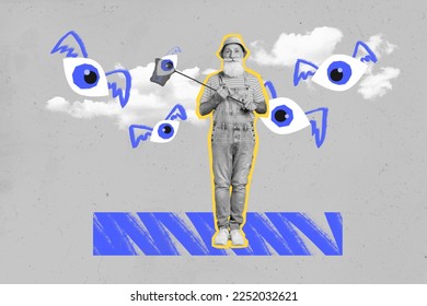 Composite collage image retired man hold fishing net flying eyes wings overall panama spying superintend supervision surveillance