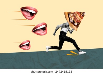 Composite collage image of running away man pizza instead head mouth flying escape unusual fantasy billboard comics zine