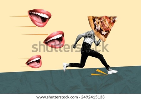 Composite collage image of running away man pizza instead head mouth flying escape unusual fantasy billboard comics zine