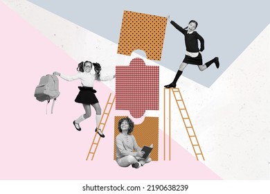 Composite collage image of small mini kids black white colors read book climb ladder connect puzzle pieces isolated on drawing background - Powered by Shutterstock