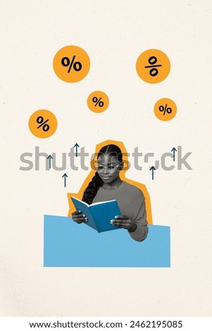 Composite collage image of smart female read book education finance management invest percent fantasy billboard comics zine minimal
