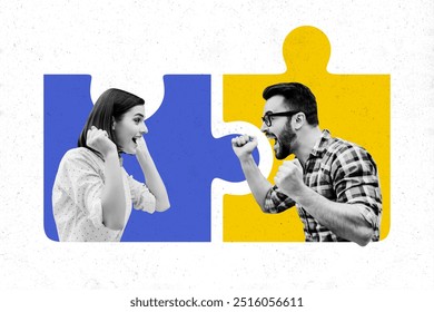 Composite collage image of teamwork traders happy businesspeople startup brainstorming puzzle match bizarre unusual fantasy billboard