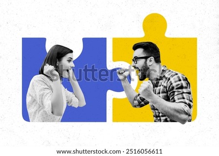 Composite collage image of teamwork traders happy businesspeople startup brainstorming puzzle match bizarre unusual fantasy billboard